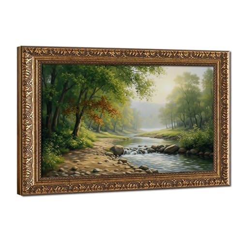 Poster paysage forêt verte Mnyuein toile cadre doré 30x45 cm