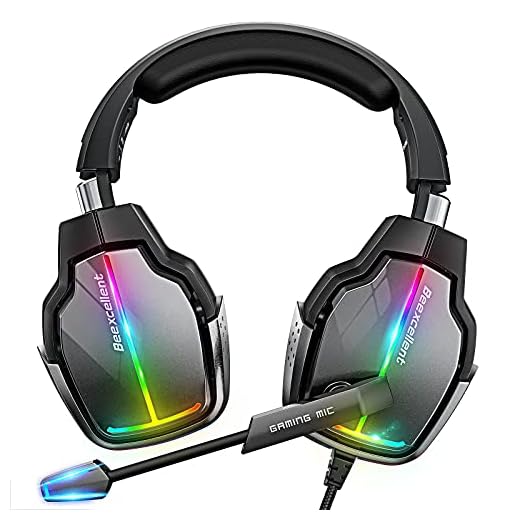 Cascos Gaming PS4, 4 Modos de Iluminación RGB y Orejeras Giratorias de 180°, Auriculares Estéreo Avanzados para Juegos con Micrófono Flexible, Compatibles con PS4/PS5/Xbox One/PC/Switch (Grey)