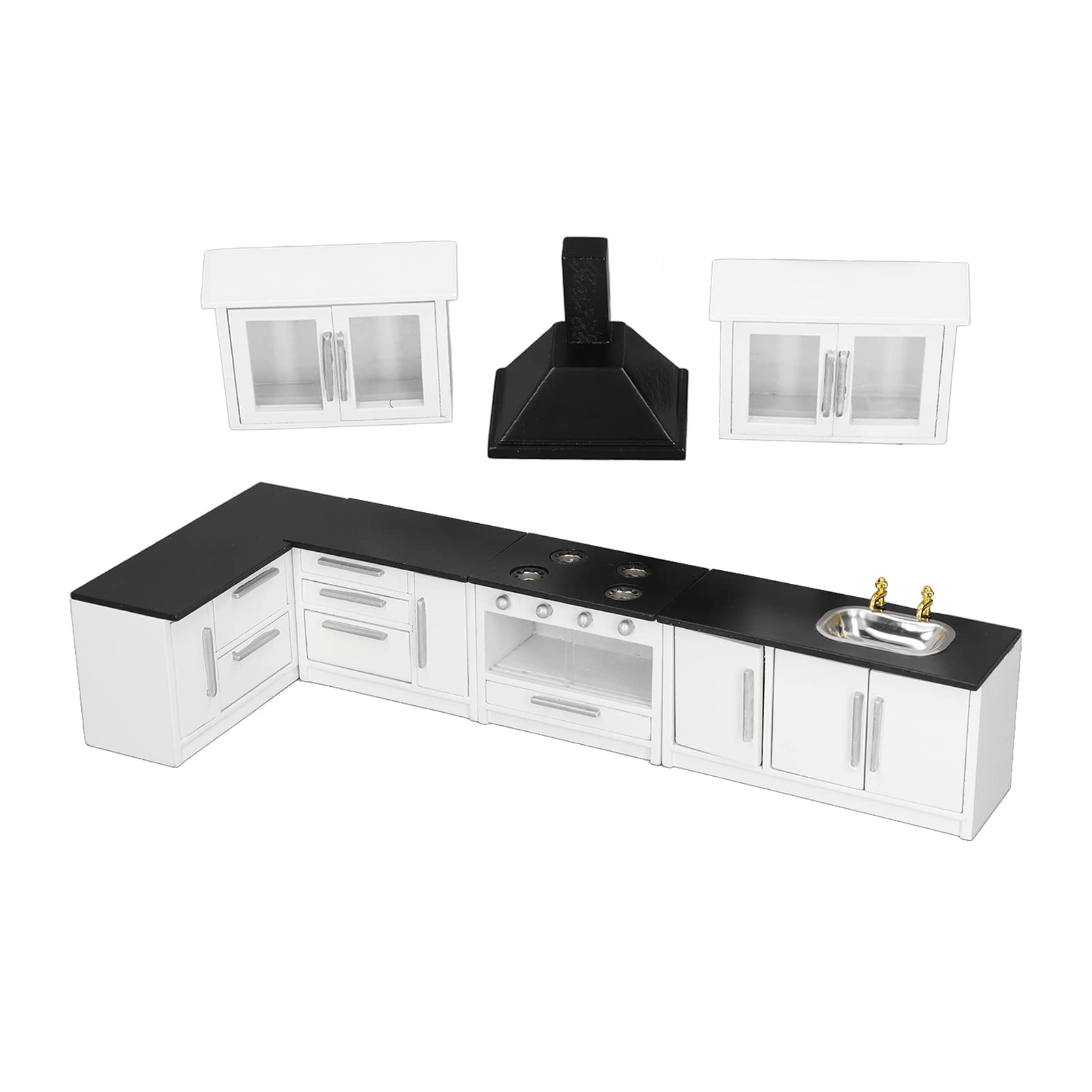 Generic 1:12 Puppenhaus-Küchenschrank, 7-teilig, Modernes Mini-Küchenset, Birkenholz, Komplett Möbliert, mit zu öffnenden Türen, Schubladen für Puppenhaus-Dekoration, Wohnzimmer