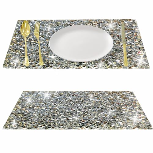 Mxcver Silver Placemats Silver Heat Resistant Mat Square Placemats Silver Trivets Rhinestone Decor Place Mat Crushed Diamond Decor Bling Sparkly Mat Set Of 2 thumb #2