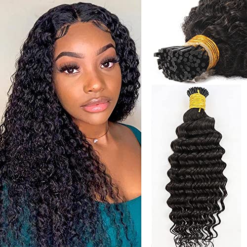Smartinnov Deep Wave I Tip Hair Extensions Remy Hair 14Inch Pre Bonded Keratin Human Hair Extensions Curly Microlink Beads Hair Extensions 100stands 50g Cold Fusion Stick Tip Hair extensions