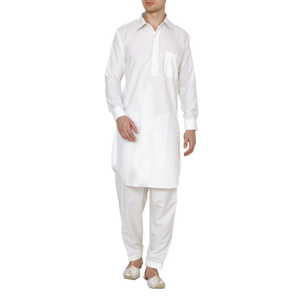 royal kurta Men's White Polyster Mix Regular Fit Embroidered Neck Pathani Suit Set-picture-36