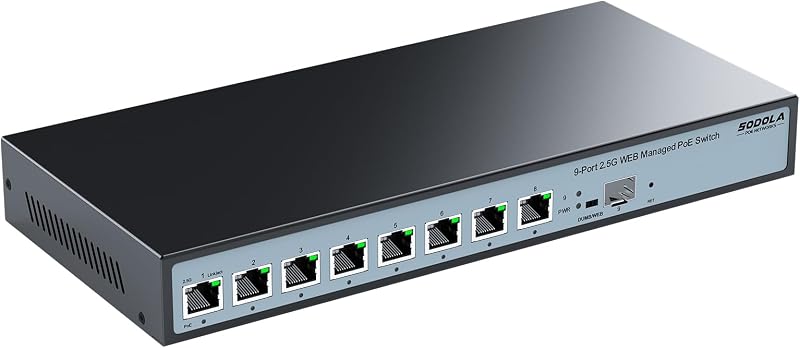 Sodola 8 Port 2.5G Menedzselhető PoE Switch 120W - 1x 10G SFP+ & 4x 2.5G PoE Port, 90W Max Teljesítmény, IEEE802.3af/at/bt, Asztali & Fali H