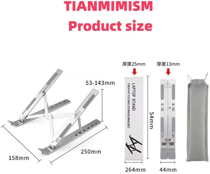 Miniatura 2 de Soporte ajustable para laptop, elevador plegable de aluminio, 10-15.6 pulgadas, diseño ergonómico con bolsa de almacenamiento, color plateado