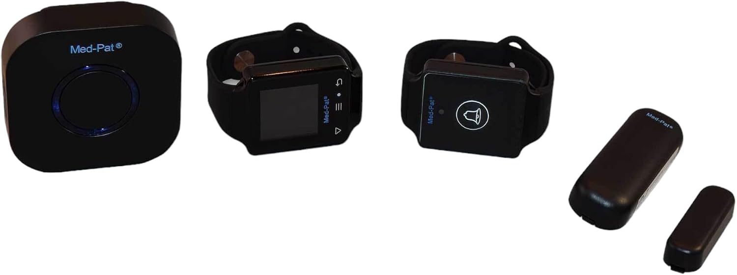 Med-Pat Care-4 Senior Home Safety System - Caregiver Pager Kit - Waterproof Emergency Button, Wearable LCD Touch Screen Receiver, Door Sensor - 5 Volume Options, 38 Ringtones - Independent Living