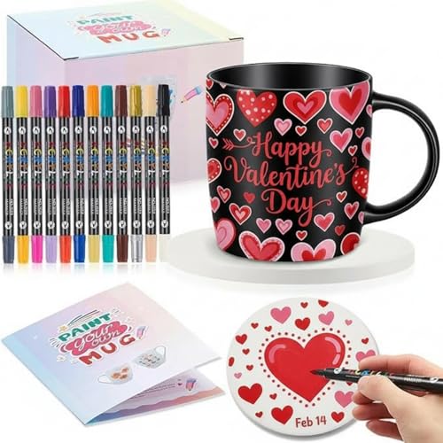 Sinmoe Set Taza para Pintar Kit Pintura Decorar Cerámica DIY con Taza Cerámica Blanco Posavasos y 12 Rotuladores Colores Regalo Bricolaje para Maestro Graduación Estudiante(Elegante)