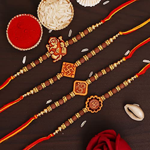 Image of eCraftIndia Set of 4 Rakhi Combo Hamper | Red Golden & White Beads Pearl Diamond Designer Rakhis
