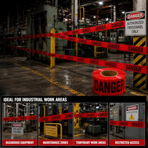 Image of ATERET Premium Red Danger Tape 3-Pack 3 inch x 1000 feet, Hazard Safety Tape, Construction Tape for Danger /Hazardous Area, Ideal Use for Halloween Decorations, Holiday, Party, Yard, Garden, Work-Site