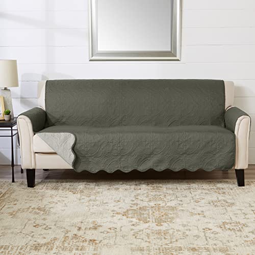 Image of Great Bay Home Reversible Sofa Cover - Washable Slipcover Furniture Protector with Elastic Straps - Perfect for Kids & Pets - Quilted & Stitched Detail (Sage Green /Light Gray)