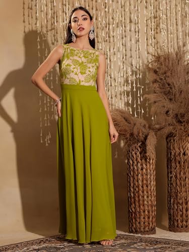 Image of Miss Chase Women's Round Neck Sleeveless Floral Lace Fit & Flare Maxi Dress