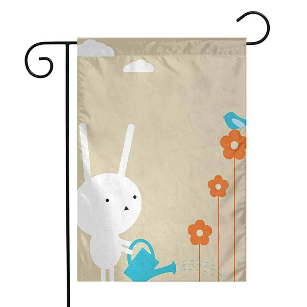 Charlo Ann Beautiful Garden Flag Animal A Cute Bunny Watering The Dried Flowers A Little Bird and Clouds Pattern Welcome Yard Decor White Tan and Blue