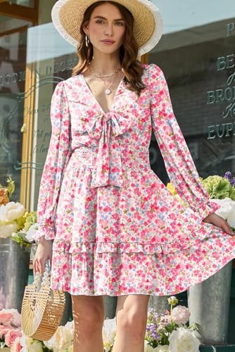 Image of Dokotoo Womens Casual Spring Fall 2025 Deep V Neck Knotted Tiered Chiffon Elegant Mini Short Swing Skater Dresses