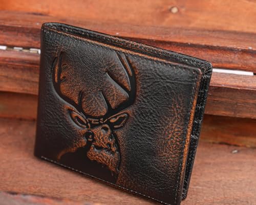 Real Leather Wallet for Men RFID Blocking Bifold 12 Card Slots 2 ID Windows Full Grain Vintage Coffee (black brown with deer)2