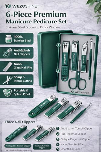 Image of WEZOSHINET Stainless Steel Professional Manicure Set Nail Cutter For Women Nail Scissors Luxury Grooming Kit Manicure Pedicure Kit For Women (6 PCS GREEN NAIL CUTTER)
