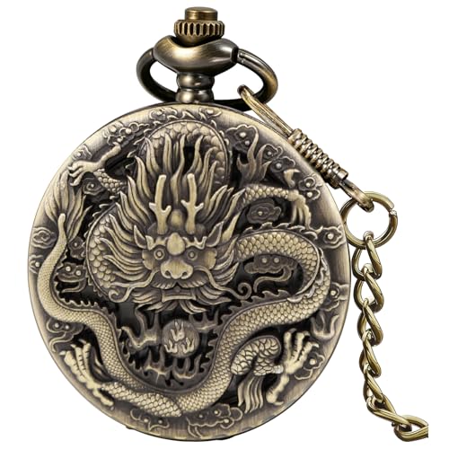 Image of Dragon Design Quartz Pocket Watch Roman Numerals with Chain Birthdays Gifts for Father's Days
