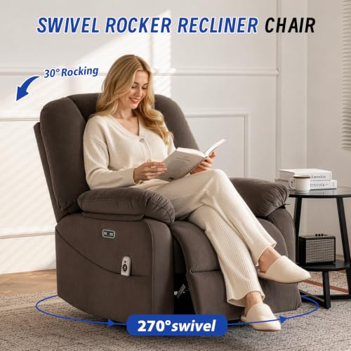 Image of Power Swivel Rocker Recliner Chair for Adults, Electric Rocking Recliner with Massage and Heat for Living Room Bedroom, Fabric Reclining Sofa Chair with USB and Type-C Ports,Brown