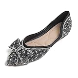 QXCGDYXT Flats for Women Rhinestone Sequins Dress Shoes Fashion Bow Sparkly Wedding Shoes Comfort Slip On Pointed Toe Ballet Flat Shoe Black -2 Size - 9