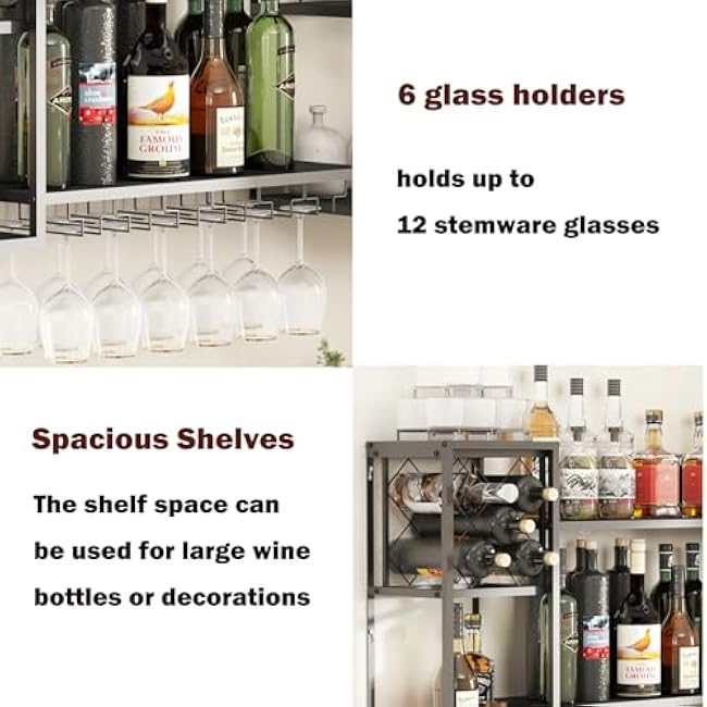 Wall Mounted Wine Rack with Glass Holder,Metal Floating Bar Liquor Shelves 2 Tier,Wine Glass Rack Multi Functional Wine Storage Display Rack for Home Bar Dining Room Kitchen