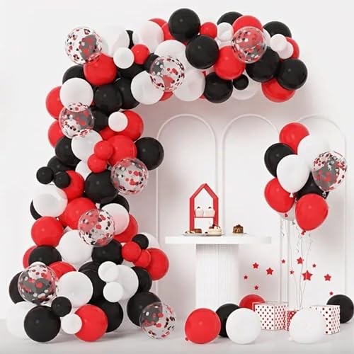Image of CANREVEL 50pcs 12 Inches Black Red Confetti Balloons Kit, Black Red White Party Balloons with Ribbons for Birthday, Wedding, Baby Shower, Graduation Decorations