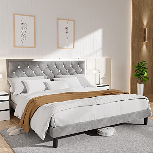 King Bed Frame With Headboard, Velvet Upholstered Bed Frame With Diamond Button Tufted, Platform Bed Frame King Size, Wood Slat Support, Heavy Duty Mattress Foundation, No Box Spring Needed, Gray #TOP4