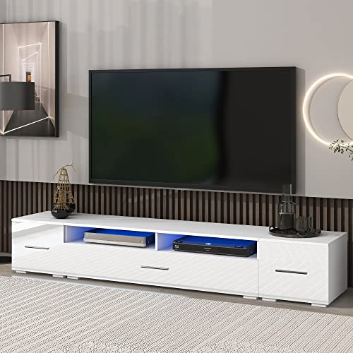 Lumisol White Led Tv Stand For 90 Inch Tv, Extended Design Entertainment Center With Led Lights, High Gloss Tv Cabinet For Living Game Room Bedroom #TOP6