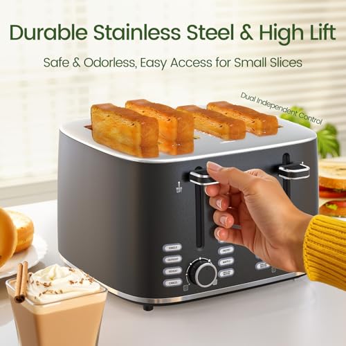 Image of Topzee Toaster 4 Slice, Wide Slot for Toasting Bagel Muffin Waffle Gluten Free Breads, 7 Shade Settings, Defrost & Reheat,Dual Control Panel, Stainless Steel, Easy Clean, Black