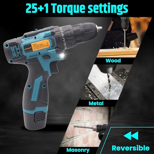 Image of Tomahawk 12V Cordless Drill Machine for Home Use with 2 Speed settings & LED Light | 2 Batteries, Compact & Lightweight, 25+1 Torque Settings, 10mm Chuck, for Drilling & Screwdriving