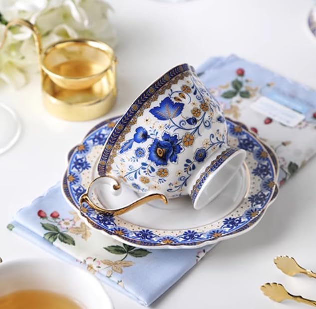 Ceramiczny Zestaw Filiżanek Do Kawy I Herbaty Ze Spodkiem Niebieskie Kwiaty Garncarski Kubek Do Kawy I Zestaw Spodków, Prezent Urodzinowy Do Biura I Domu