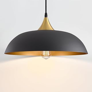 Eustace 13.8" Large Dome Pendant Light, Black and Gold Hanging Lamp