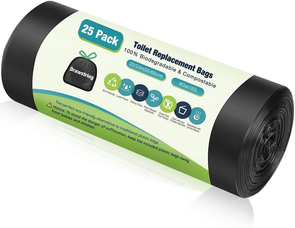 Portable Toilet Bags, Camping Toilet Bags, Biodegradable Toilet Bags with Drawstring & Lemon Scent, Compostable Bags for 5-8 Gallon Bucket Toilet Seat