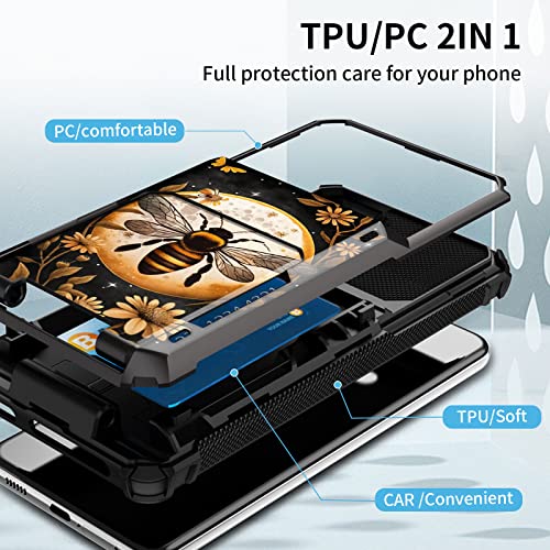 SDDFRHGH for Samsung Galaxy S22 Ultra Case Wallet, 4 Credit Card Holder Slot Flip Cover,Heavy Duty Dual Layer Defender Phone Case for Samsung Galaxy S22 Ultra 5G-Honey Bee Flower Moon Art