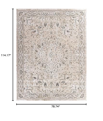 Image of Hauteloom Claridge Living Room, Bedroom Area Rug - Medallion Floral Border Distressed Faded - Traditional Oriental Transitional Oushak Turkish - Gray, Taupe, Beige, Cream, Brown - 6'7 inch x 9'6 inch
