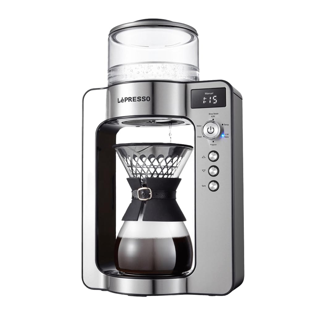 Lepresso Automatic Pour Over Coffee Machine, 1500W Rated Power, 1L Water Tank, UK Plug, Integrated Scale, Automatic Descaling, Artisan Glass Carafe, Patented Design - Black LP022