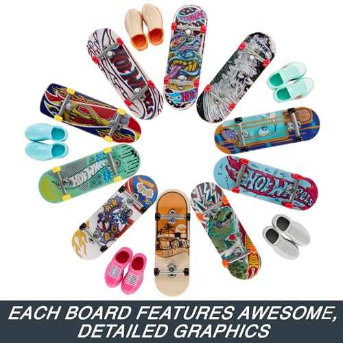 Hot Wheels Skate Zestaw 10 deskorolek do jazdy palcami i 5 par zdejmowanych butów deskorolkowych na palce z grafikami Hot Wheels, HTP59