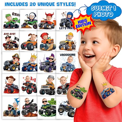Image of Custom Monster Truck Temporary Tattoos for Kids, Set of 20 | Personalized Pre-Cut Face Photo, Birthday Party Favors, For Boys & Monster Truck Fans, Unique Celebration Gifts