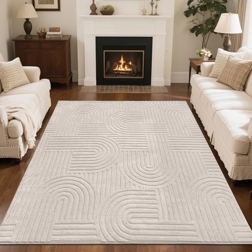 SHACOS Soft Cozy Fluffy Arch Pattern High-Low Pile Textured Area Rug 5'3'x7'3' Non Slip Washable Modern Geometric Rug Stain Resistant Contemporary Carpet for Living Room Bedroom Dining Room, Beige