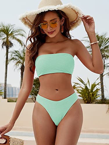 Image of ZAFUL Women Strapless Textured Bandeau Bikini 2 Piece Swimwear Cheeky Solid Lace up Bathing Suits