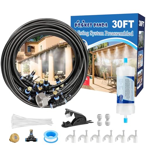 POCKET PANDA Pre-Assembled Misters for Outside Patio,Outdoor Misting Cooling System w Filter,30FT|9M.Backyard Mist Kit for Garden,Greenhouse,Deck,Umbrella,Canopy,Pool,Porch,Trampoline,ParkBBQ Party