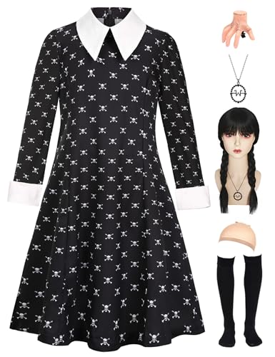 Enccfoeo Wednesday Addams Costume Dress for Girls Kids Toddler Halloween Skull Printed Black Dress Cosplay with Wig Socks Necklace Thing Hand Hairpin EN044-3XL