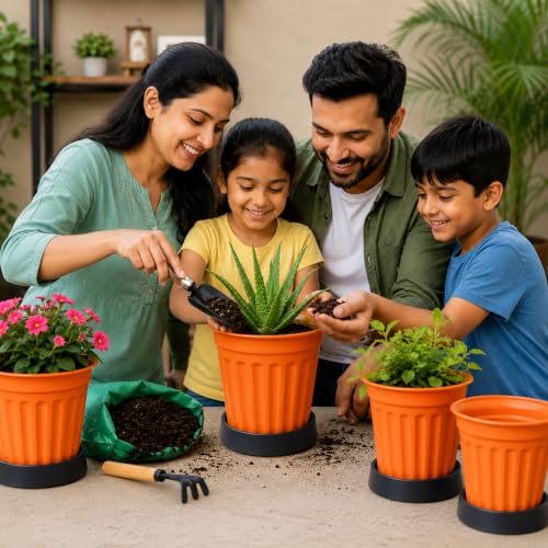 Image of TechHark Orange Plastic Plant Pots with Saucer, Ribbed Style, for Indoor and Outdoor Use, Set of 5