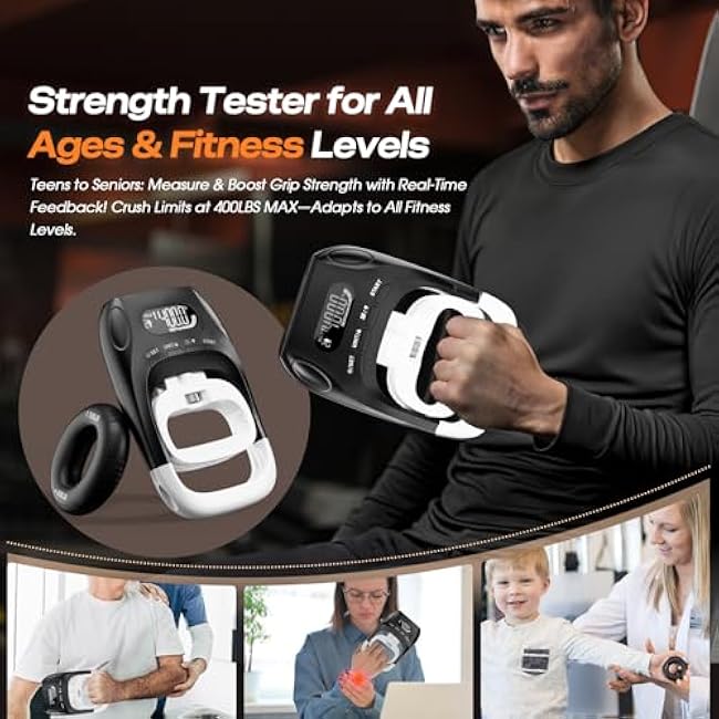 Grip Strength Tester & Trainer 2-in-1 Combo Set-Digital Hand Dynamometer with LCD Display, Max 400lb/180kg Capacity, Resistance Ring with Ergonomic Design for Sports, Gym, Home & Rehab