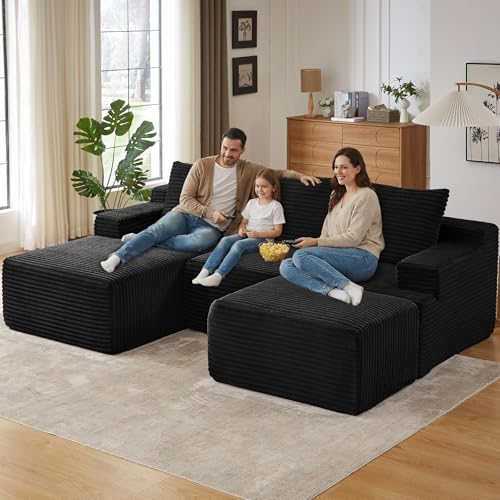 Image of 96 inch U-Shape Cloud Couch, Modern Modular Sectional L-Shape Sofa with Ottoman, Corduroy Upholstered Couches Deep Seat Sleeper Chaise Longue for Living Room, No Assembly Required(Black, Left Facing)