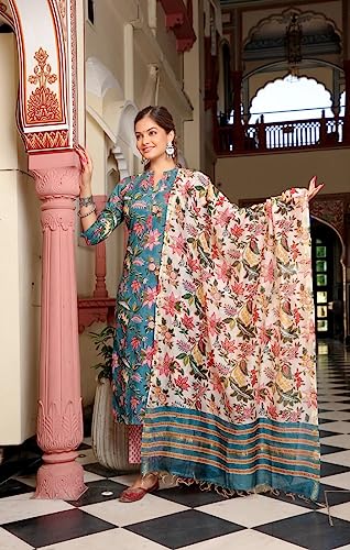 Greciilooks Women Cotton Blend Casual Regular Fit Kurta Set (Teal, Medium)