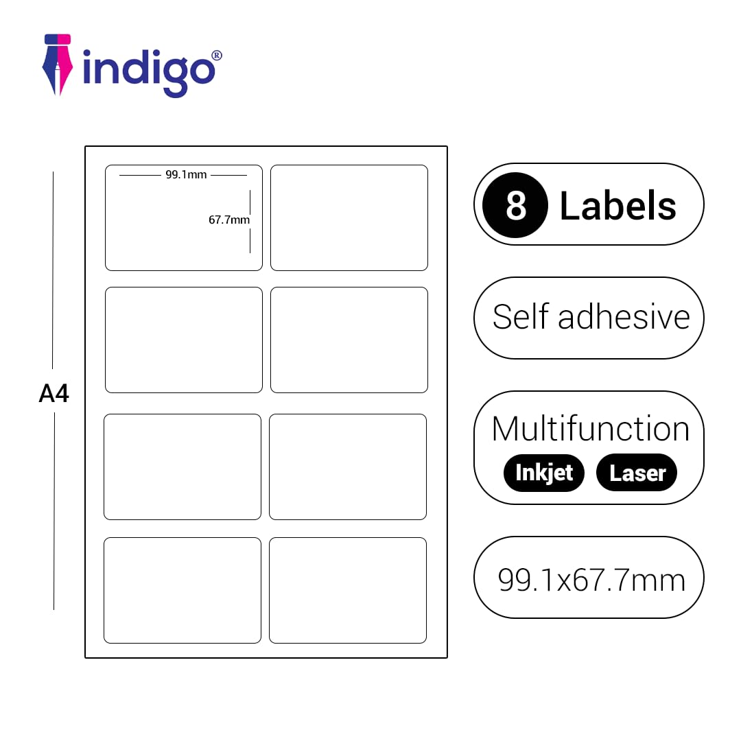 indigo® Multipurpose White A4 Sticker Labels-Inkjet, Laser, Copier-Versatile Sticker Labels for FBA UPC, Packaging, Sold - Image 2