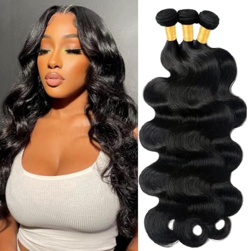 Body Wave Bundles Human Hair 16 18 20 Inch Human Hair 3 Bundles 100% Unprocessed Brazilian Virgin Hair Extensions for Black Women Quick Weave Hair Bundles Natural Color