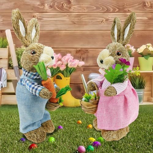DearSun-Set-of-2pcs14-H-Easter-Straw-Bunny-Figurine-Tabletop-Decor-Sisal-Rabbit-Couple-Statue-with-CarrotsEggs-Spring-Party-Garden-Table-Decor DearSun Set of 2pcs14 H Easter Straw Bunny Figurine Tabletop Decor Sisal Rabbit Couple Statue with CarrotsEggs Spring Party Garden Table Decor