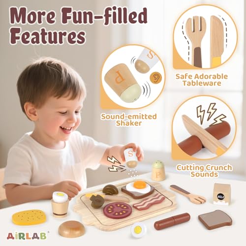 Airlab Toy Food for Toddler 3-5 Pretend Play Kids Kitchen Playset Breakfast Cutting Food Girl Boy Birthday Gift Age 3 4 5 6 Year Old Wood Educational Toys Kitchen Accessories