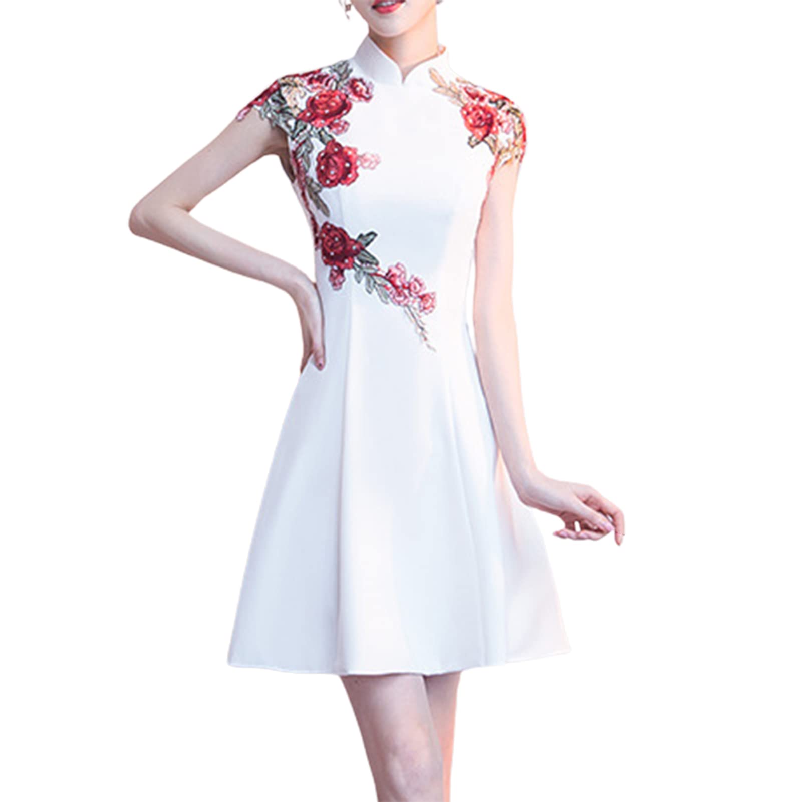 SHINROAD Vestido chino de las mujeres de la cintura alta del cuello alto del cheongsam bordado vintage de las mujeres por encima de la rodilla
