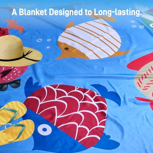 sheelokhwui Printed Beach Blanket. Extra Large 83x81 inch, Fits Up to 6 People. Sandproof Nylon Beach Mat. Lightweight, Du-Rable, Water Repellent - with Carry Pouch and Stakes - Set of Fishes