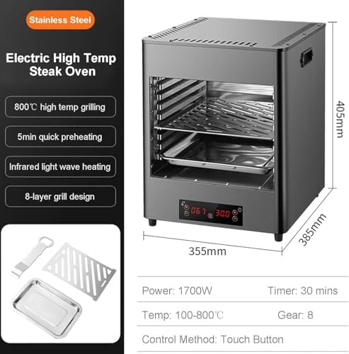 1700W Smokeless Indoor BBQ Grill, Electric Steak Broiler with Timer & Temp Control, Portable Stainless Steel Cooking Machine for Meat, Pizza & More (Includes Grill, Tray, Clip)